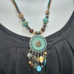 Boho Turquoise Dreamcatcher Necklace with Charms & Beads
